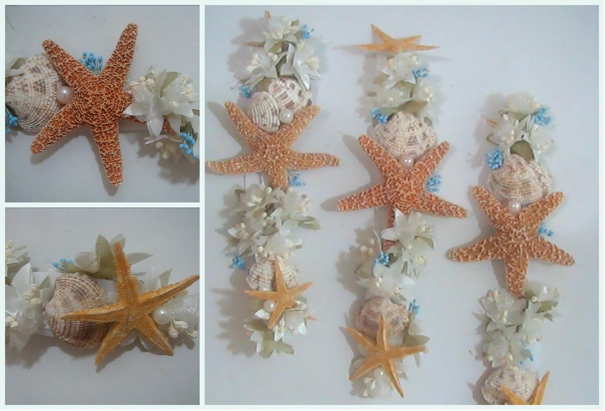Corona.Diadema para el cabello con motivo del mar (estrellas de mar, conchas, perlitas y flores)