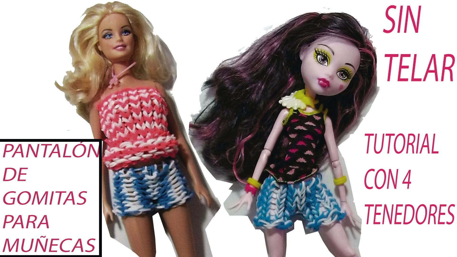 Como hacer un pantalón de gomitas para Barbie o Monster high ropa muñecas sin telar con tenedores