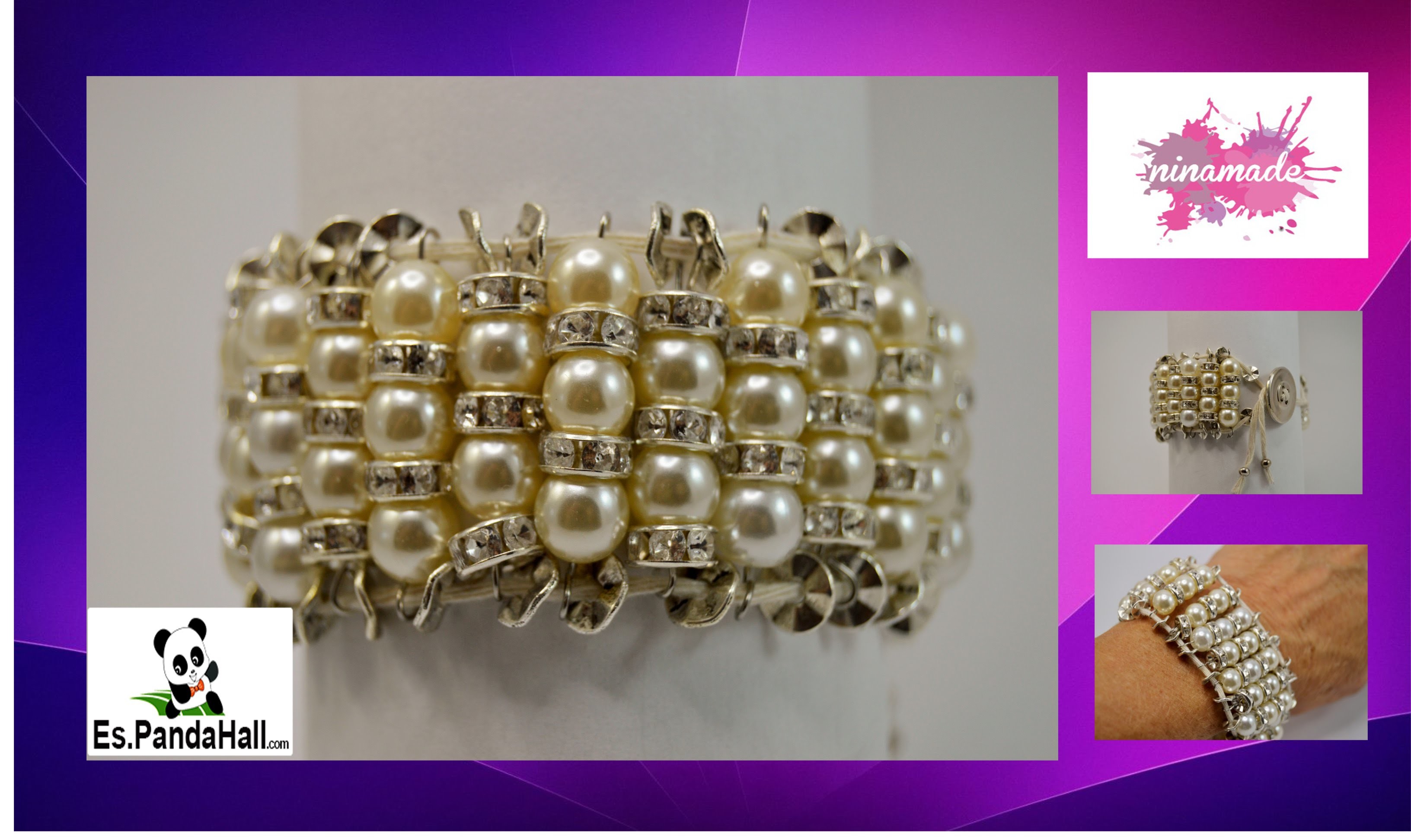 DIY.Tuto18.Pulsera con perlas y rhinestones. Bracelet with Pearl and rhinestone. Es.PandaHall.com
