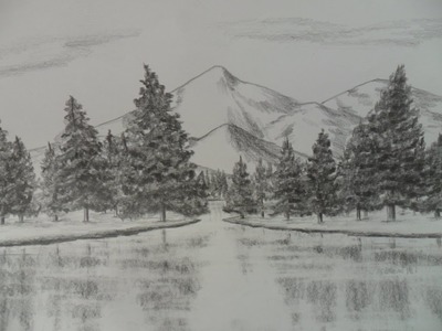 Como Dibujar un Paisaje a Lápiz, paso a paso: Agua, Árboles(pinos), y Montañas.