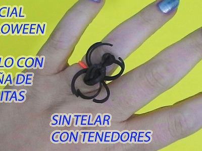 Como hacer un anillo con una araña de gomitas con tenedores, sin telar manualidades para Halloween