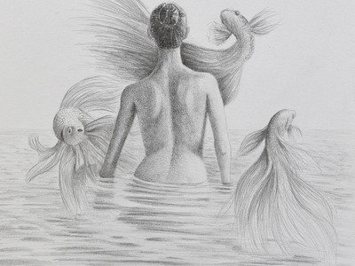 Cómo hacer un dibujo surrealista - Mujer en el agua de espalda con peces volando