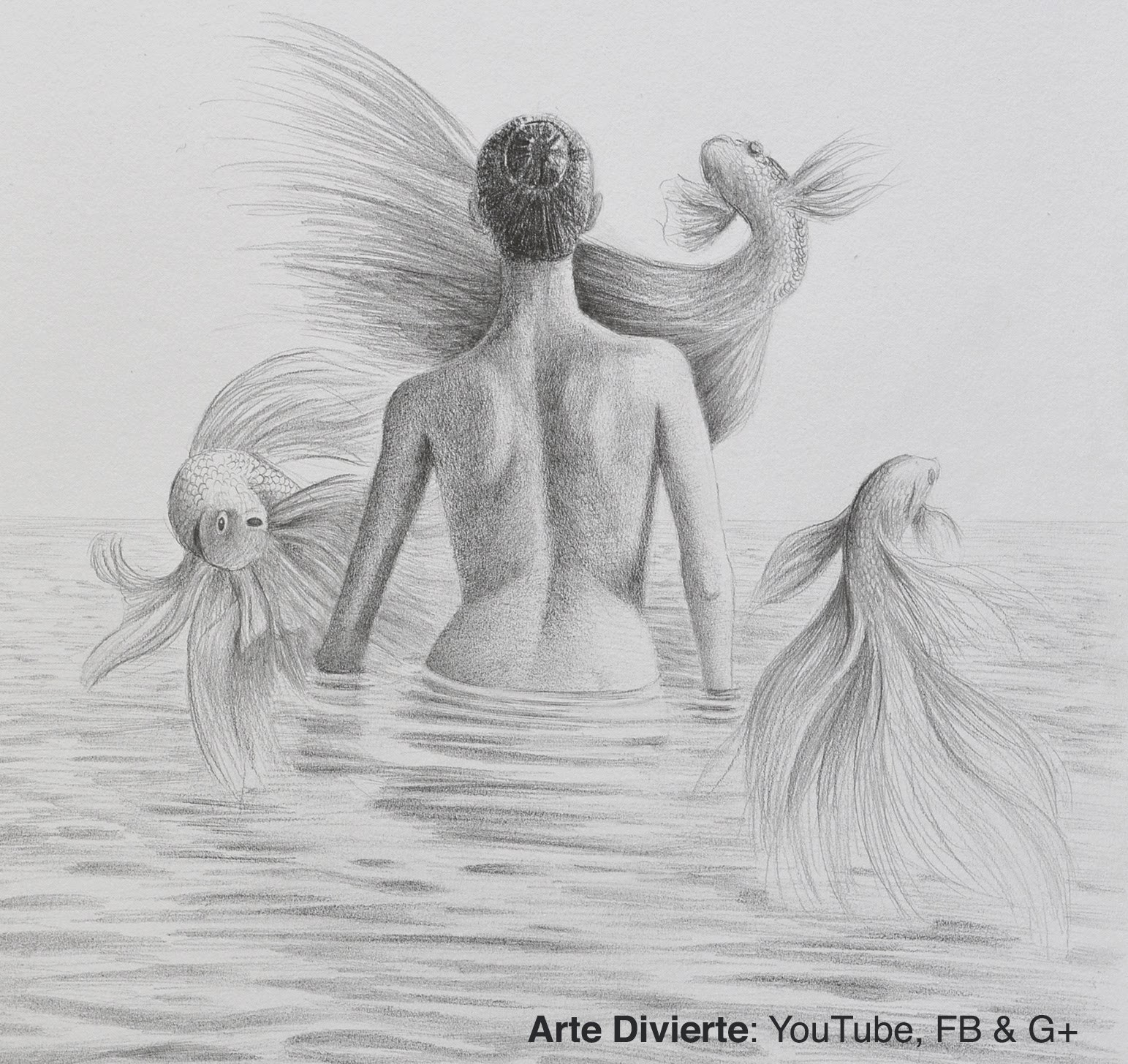 Cómo hacer un dibujo surrealista - Mujer en el agua de espalda con peces volando
