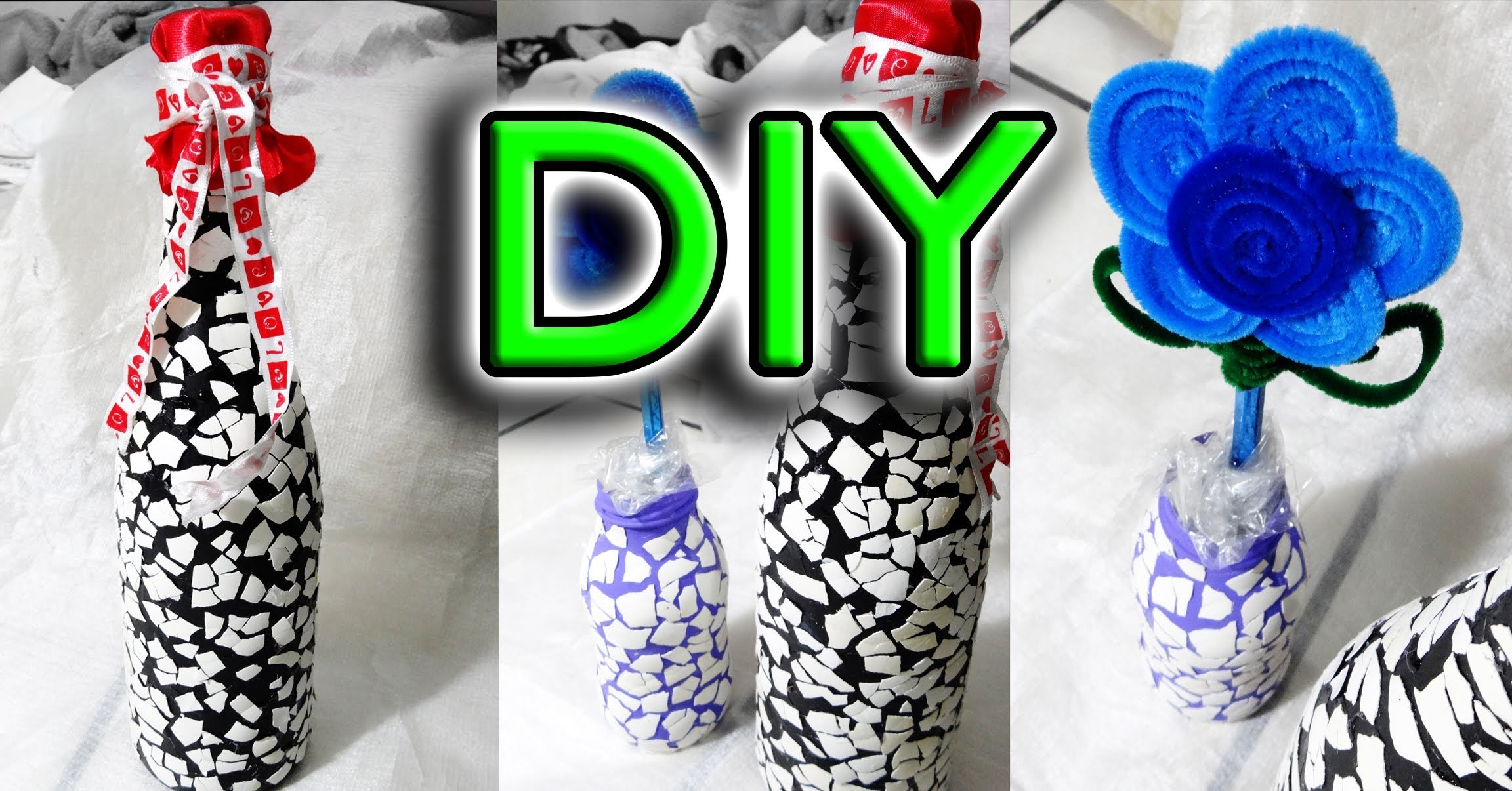 DIY→Decora botellas efecto craquelado con cascarón de huevo