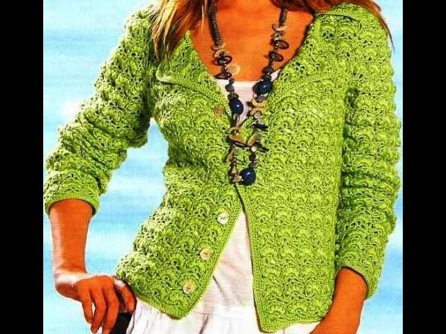 Chaqueta Verde Con Bodoques a Crochet