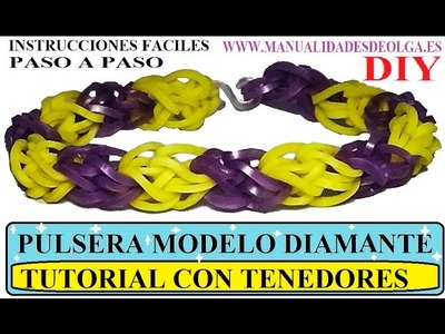 COMO HACER UNA PULSERA MODELO DIAMANTE DE GOMITAS CON DOS TENEDORES. TUTORIAL DIY DIAMOND BRACELET