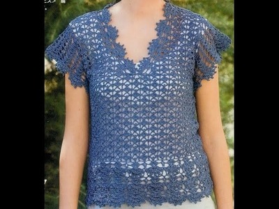 Blusa Azul Calada terminación Abanicos a Crochet