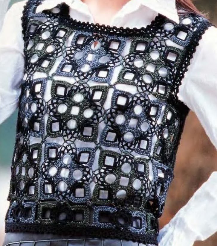 Chaleco Cuadros Combinados Gris Negro a Crochet