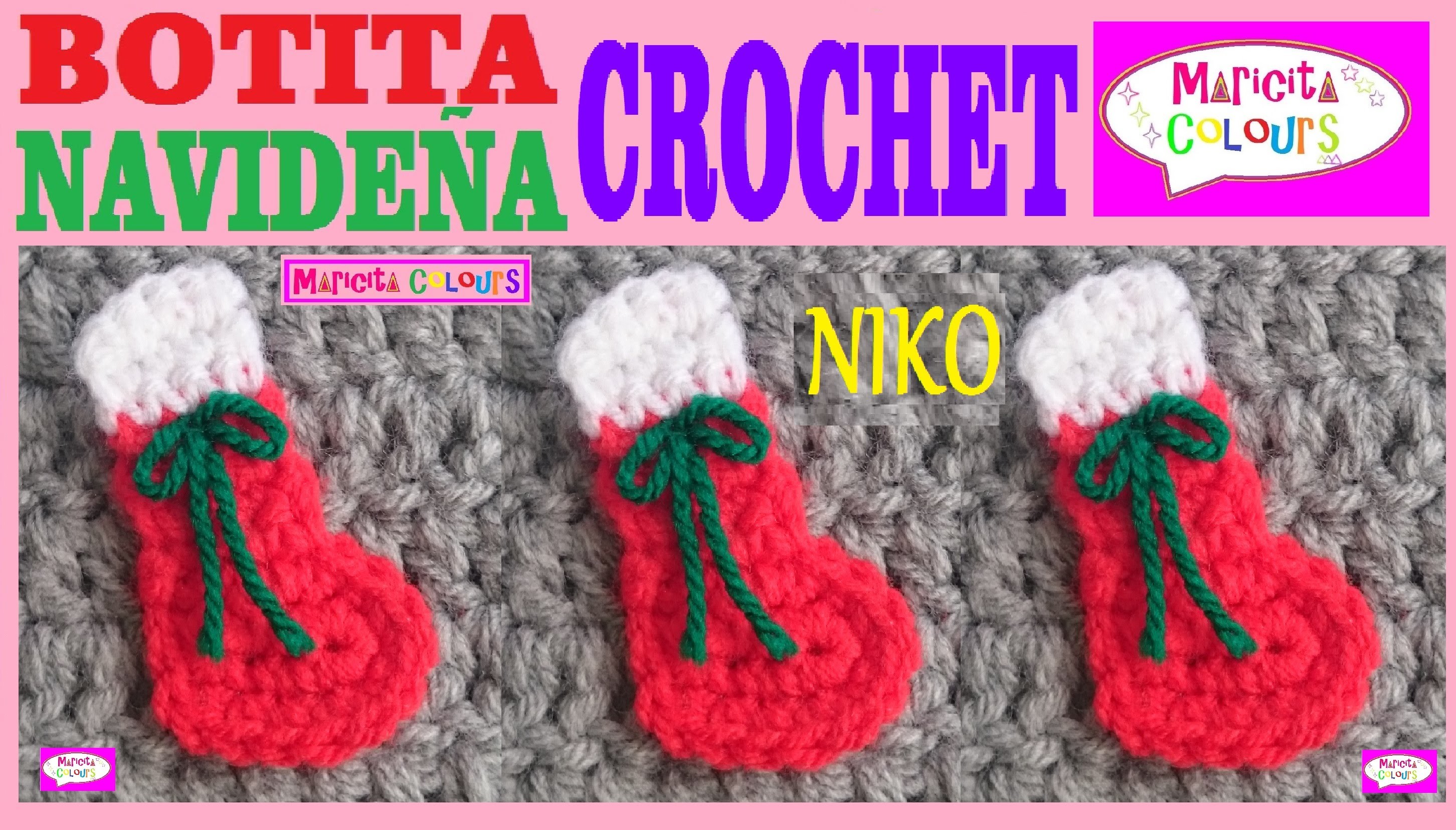 Botita Navideña "NIKO" Miniatura a Crochet Aplicación por Maricita Colours