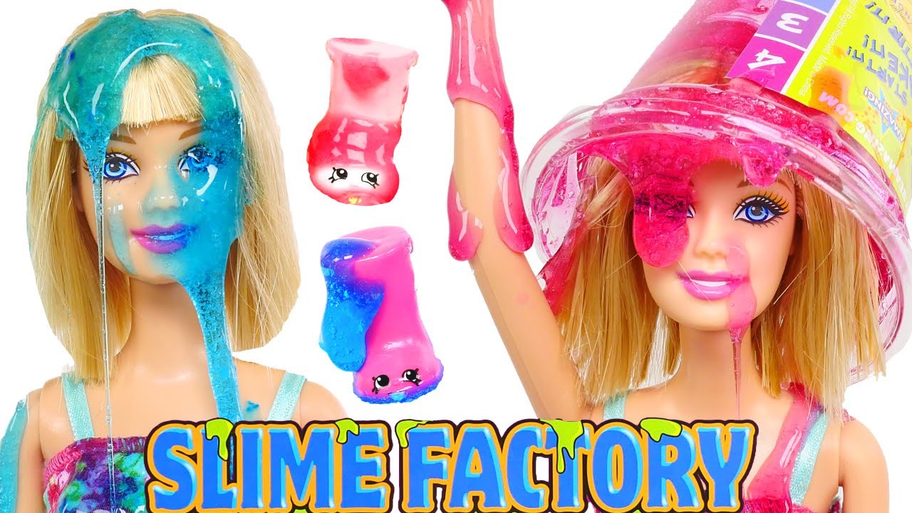 Barbie y Shopkins ❀ Fabrica de SLIME Experimento DIY Como Crear Slime + Brillos