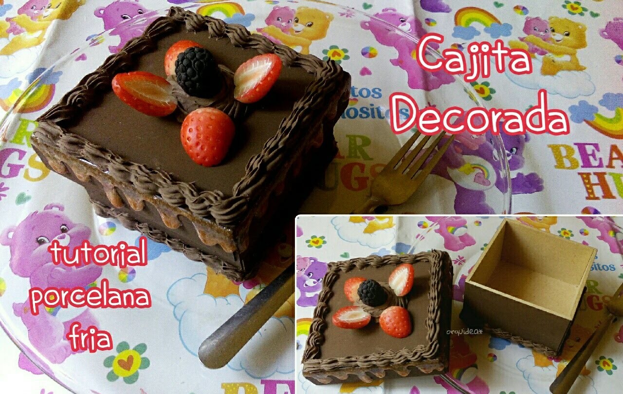 Cajita decorada pastel de chocolate con fresas PORCELANA FRIA