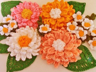 Como tejer fácil y rápido flores con hojas en ramos - Make learning to Knit quick crochet