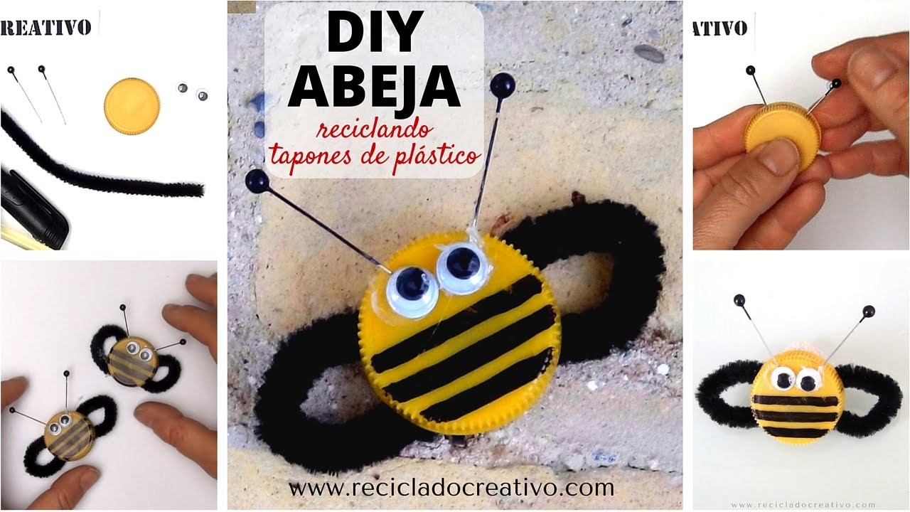 #1 ABEJA. Manualidad para niños con tapones de botellas de plástico: DIY
