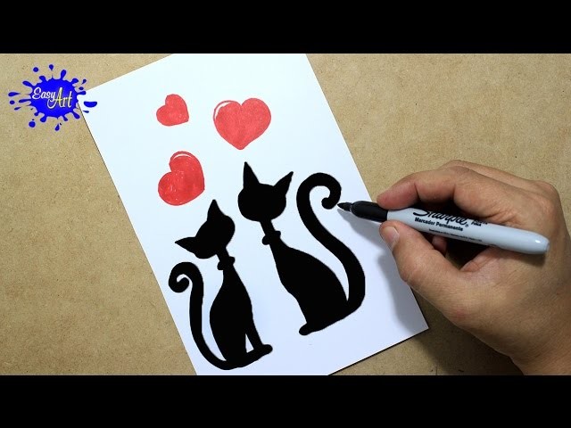 Como hacer una tarjeta de amor san valentin. How to draw a love card. Gatos enamorados
