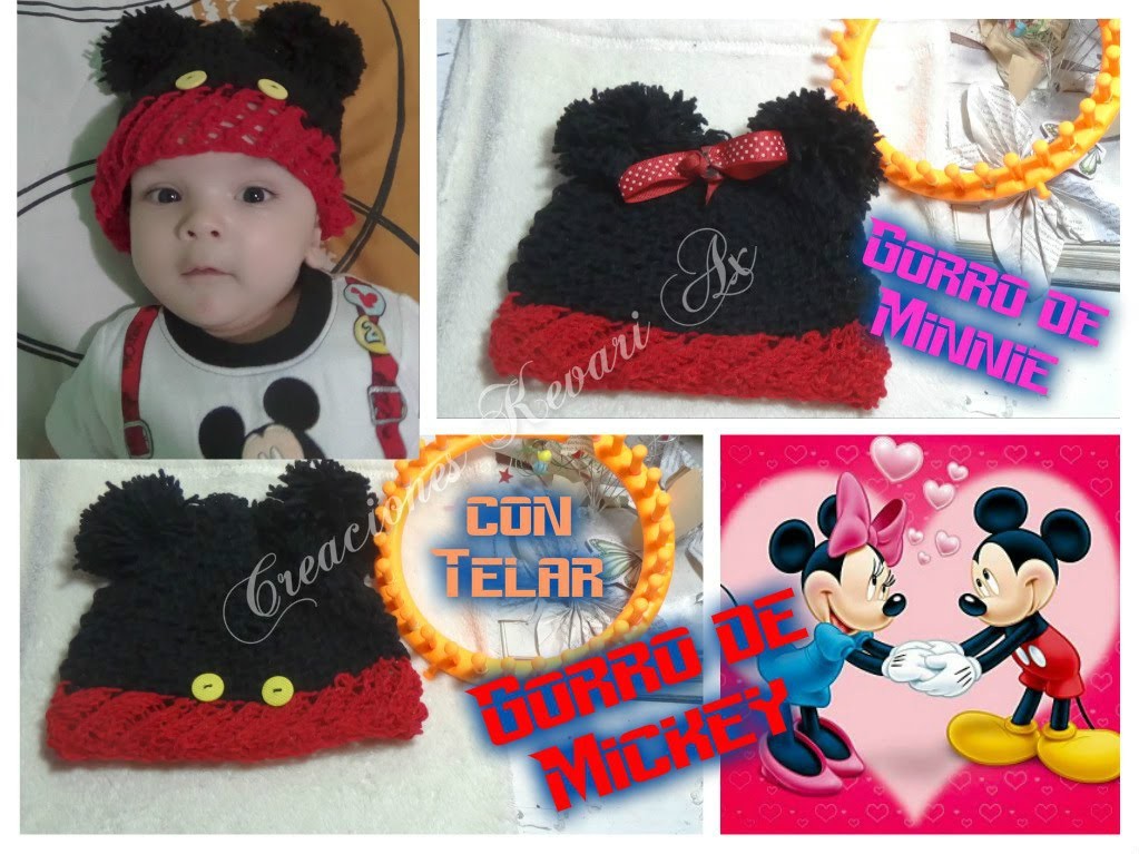 Gorro de Mickey y Minnie Mouse con Telar Circular.Mickey and Minnie Mouse Hat on Round Loom