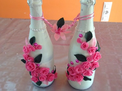 Decoración botellas con rosas de porcelana fría Bottles with roses cold porcelain