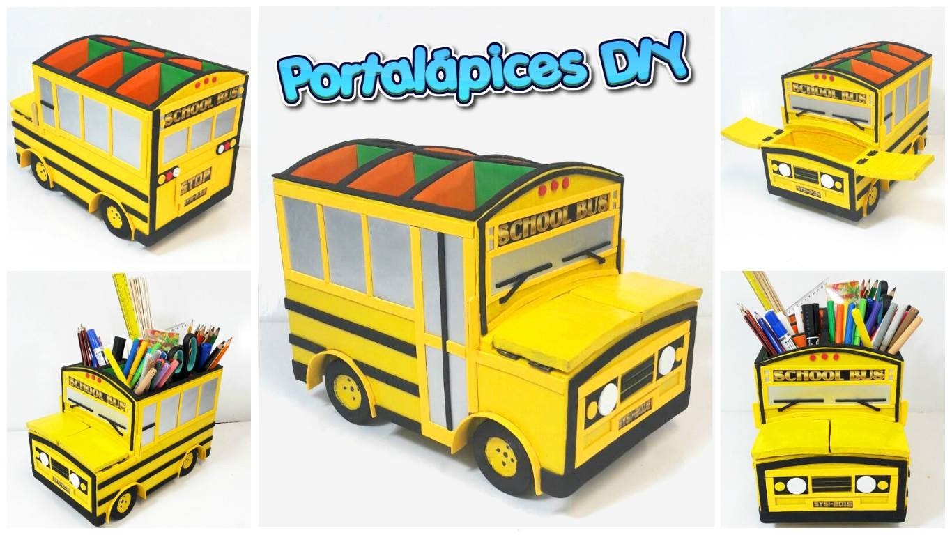 Portalápices hecho con cartón con forma de bus escolar amarillo (manualidades para regreso a clases)
