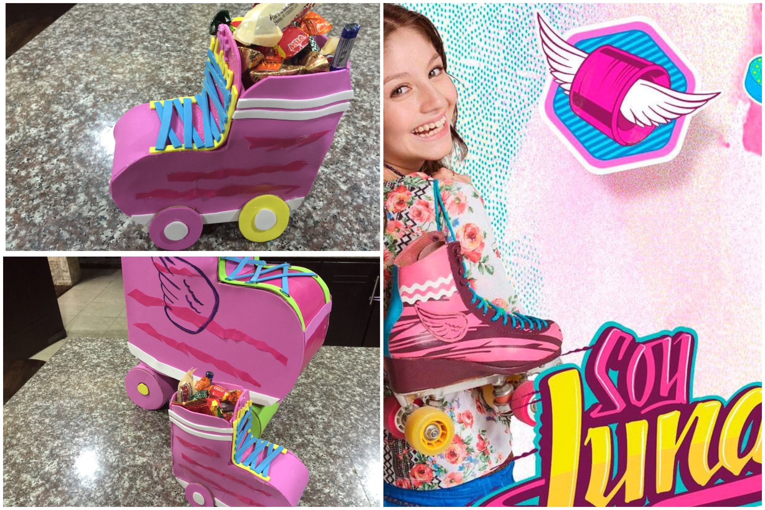 Organizador o dulcero en forma de patin soy luna, organizer or bag shaped birthday skates moon