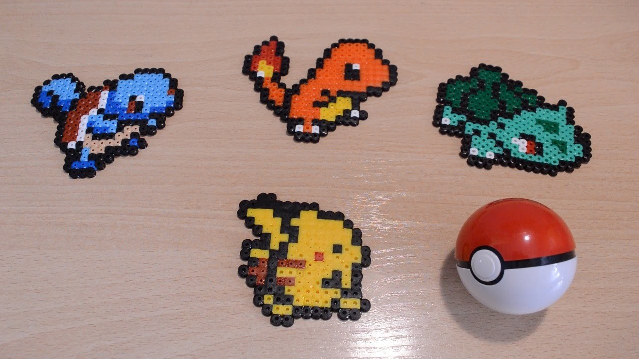 Los 4 pokémon iniciales: Bulbasaur, Charmander, Squirtle y Pikachu (con Hama.Perler beads)
