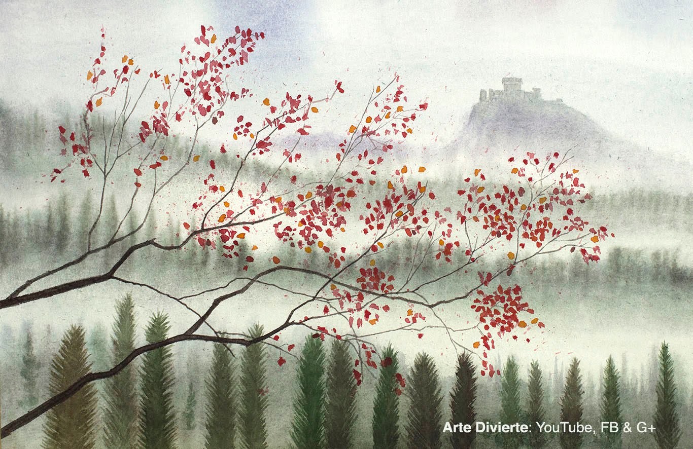 Cómo pintar un paisaje en acuarela - Colinas, árboles y castillo