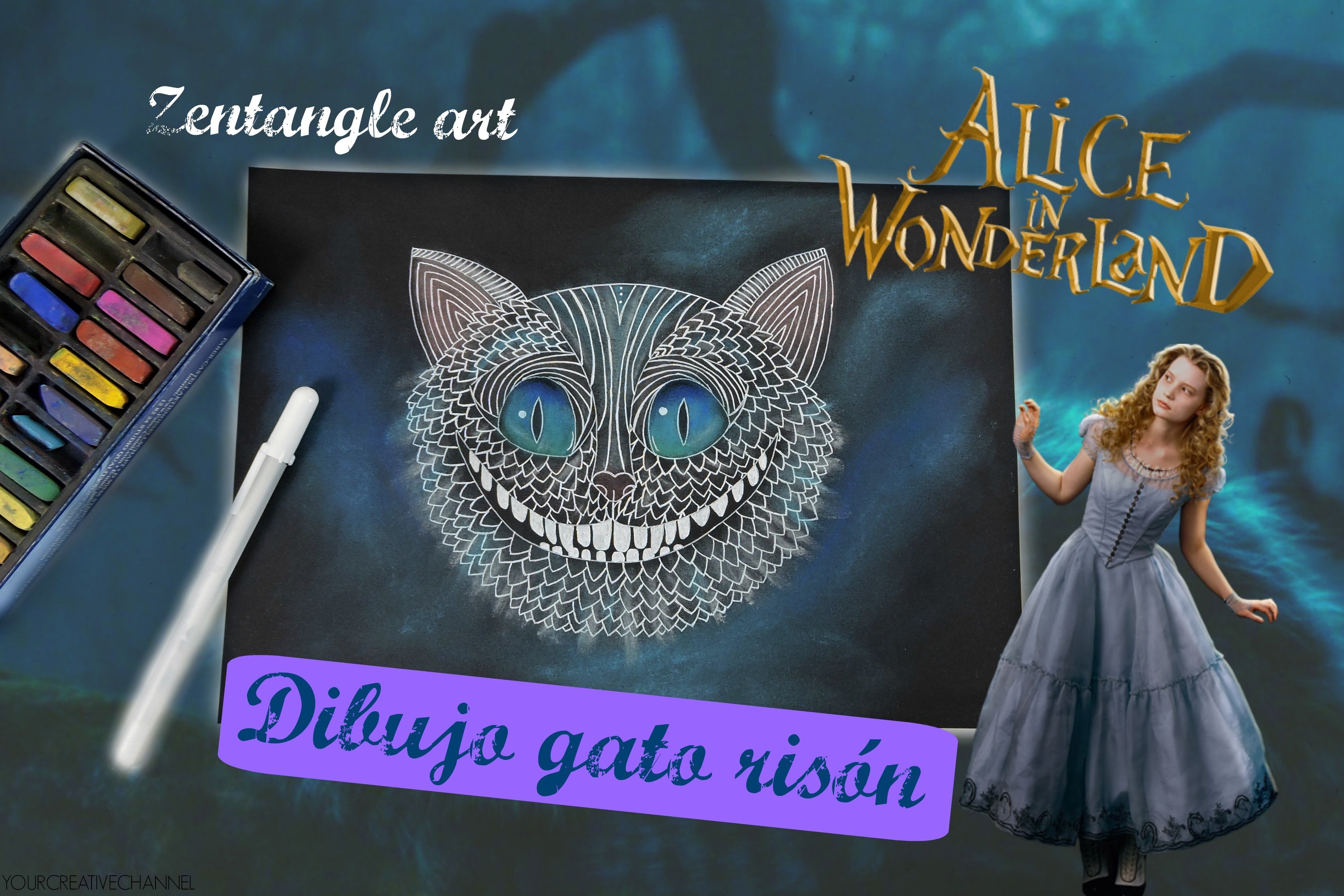 Zentangle art Gato de Alicia en el país de las maravillas - Zentangle art Cheshire Cat Alice in wond
