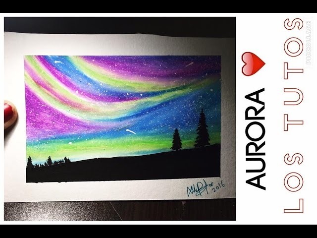 Dibujo con oleo pastel - OIL PASTEL-  SUPER FÁCIL- AURORA Y ESTRELLAS