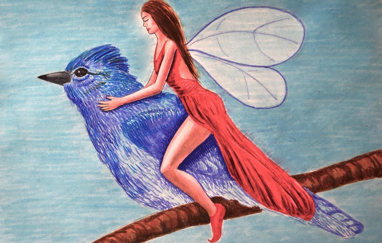 Cómo dibujar un hada y pájaro azul con marcadores - Arte Divierte.