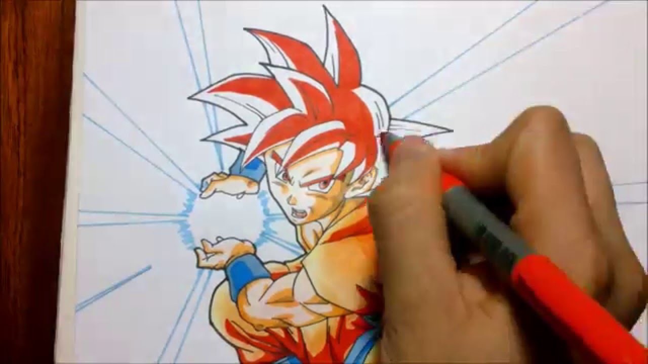 TUTORIAL Como dibujar a Goku Super saiyajin dios Rojo. How to draw Goku Ssj god (red hair)
