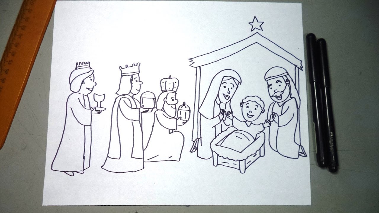 Cómo dibujar al pesebre paso a paso: Niño Dios, María José y los 3 reyes magos
