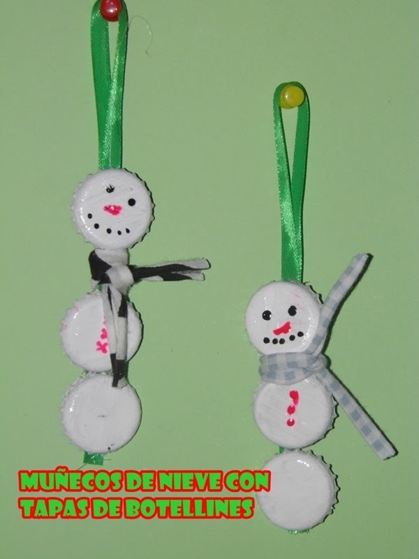 Decoración navideña - Muñeco de nieve reciclando tapas de botellines