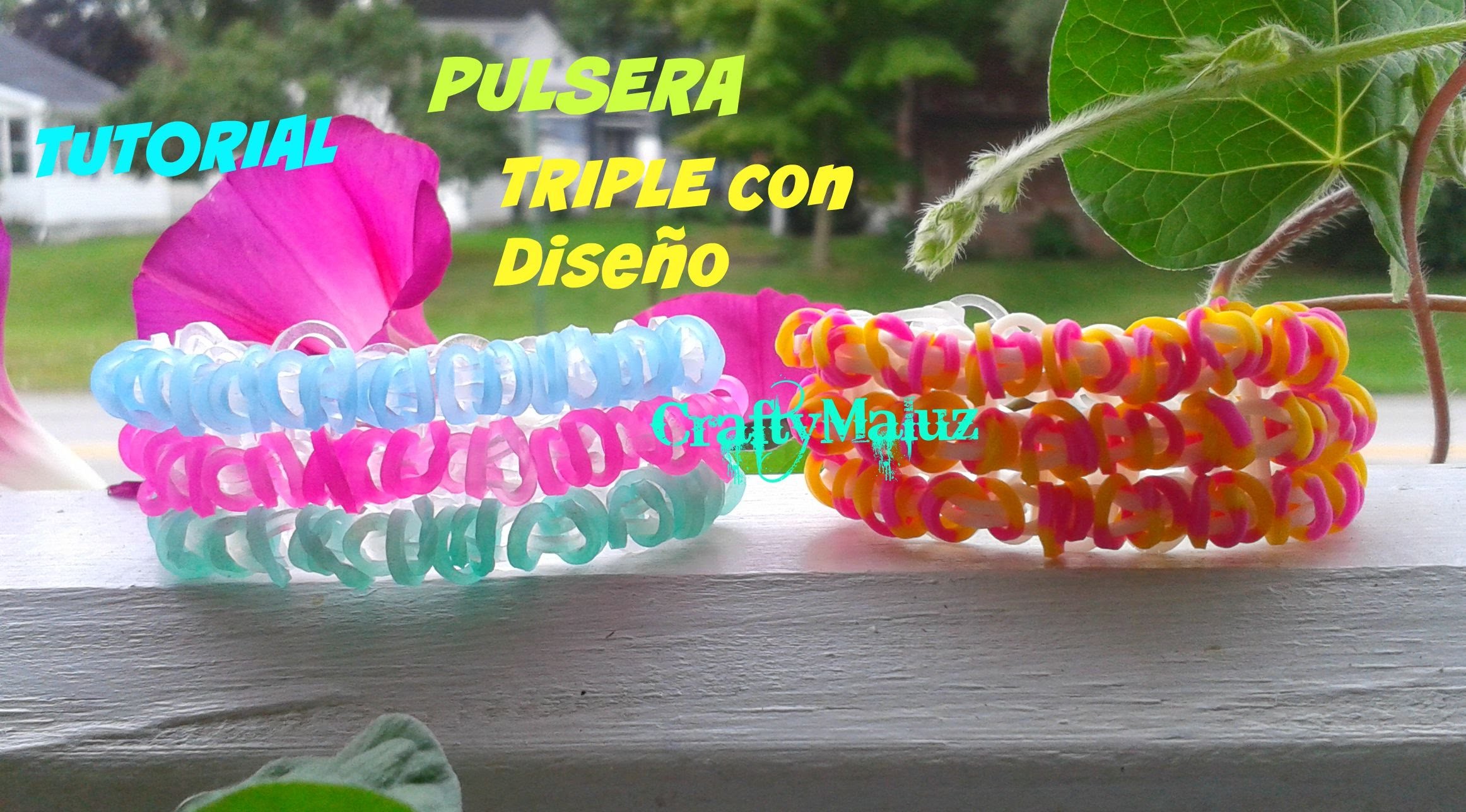 Tutorial♥ Pulsera Triple con Diseño de Gomitas. ligas (con telar)