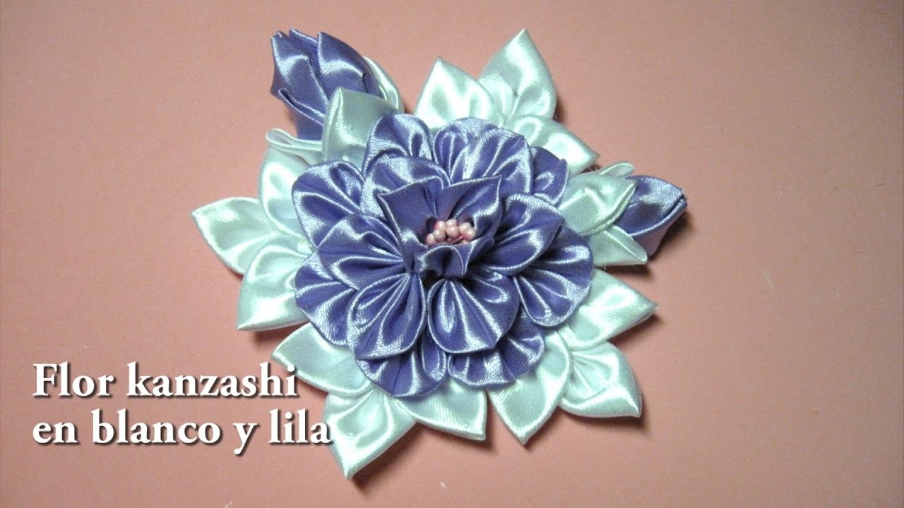 #Diy - Flor kanzashi en blanco y lila#Diy - Flower kanzashi in white and lilac