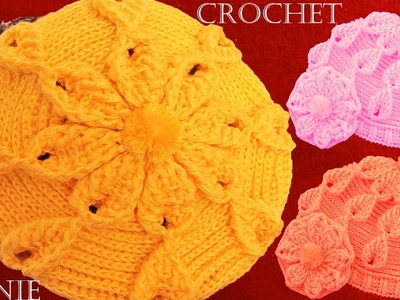 Como tejer a crochet o ganchillo gorro boina en punto de hojas y flores en alto relieve