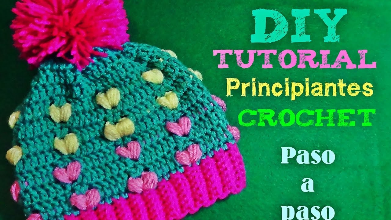 Gorrito Tejido con Corazones Puff a Crochet - Para Principiantes - Muuuy Facil!!!!