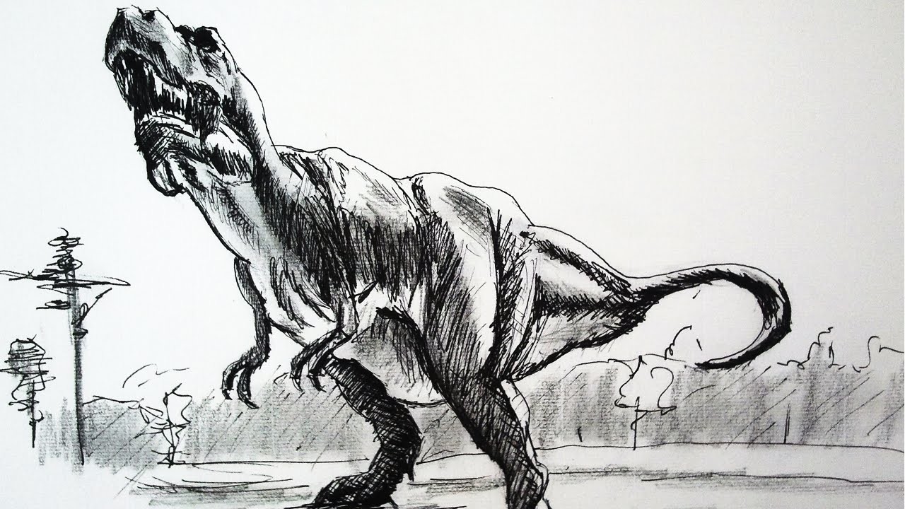 Como dibujar un dinosaurio con lapiz y tinta paso a paso | Dibujar un T Rex video clase completa