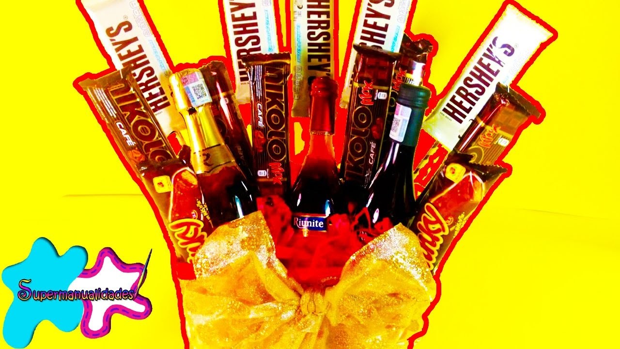 Arreglo de chocolates con botellas  (regalo fácil) 