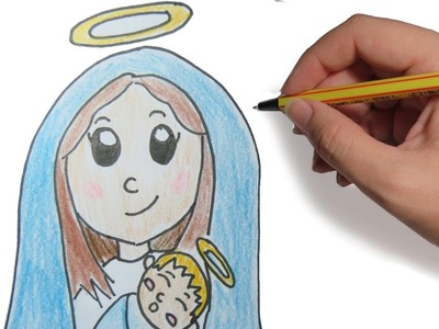 COMO DIBUJAR A LA VIRGEN PARA NAVIDAD PASO A PASO FACIL: Dibujos de Navidad a color para niños