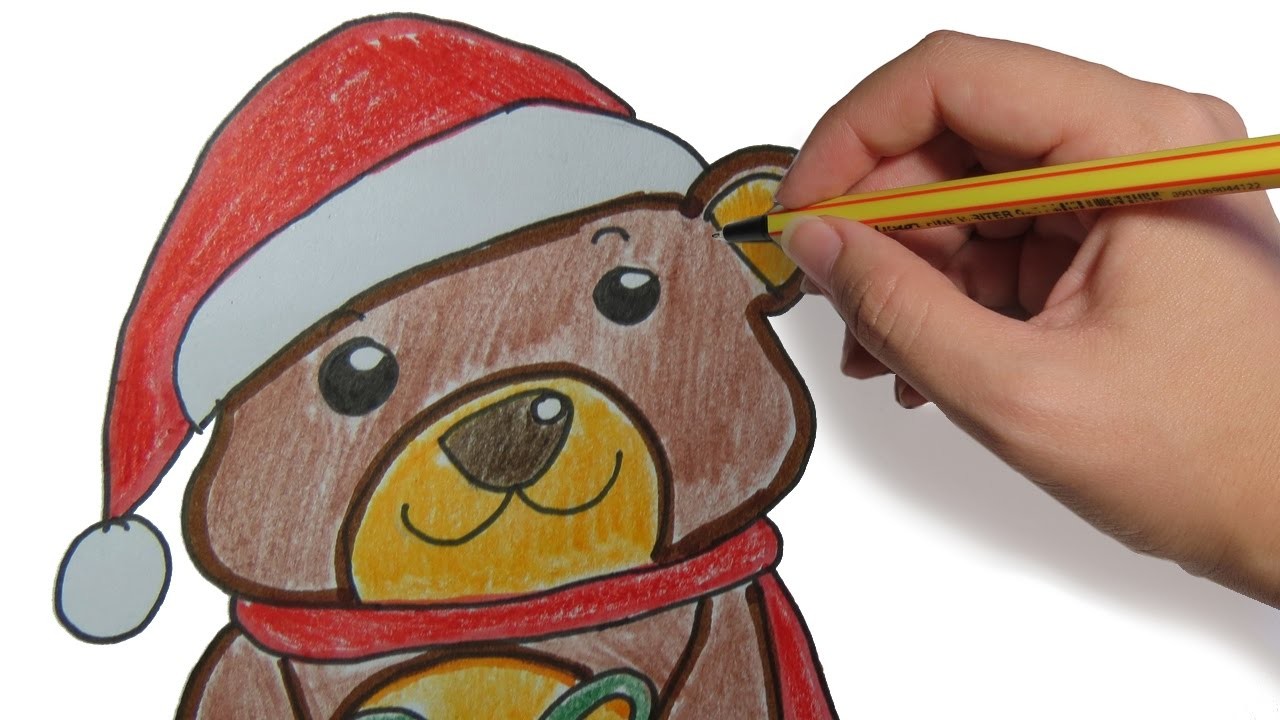COMO DIBUJAR UN OSO NAVIDEÑO SENCILLO PASO A PASO: Dibujos de navidad para niños a color
