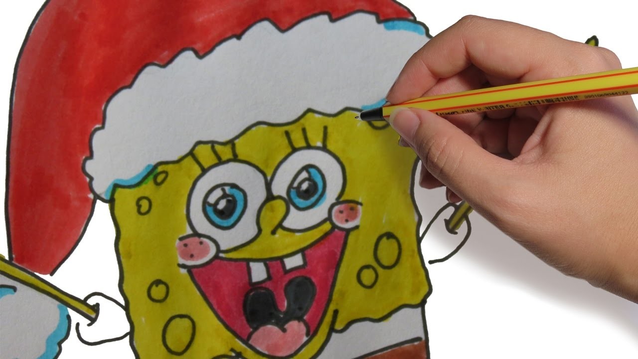 COMO DIBUJAR A BOB ESPONJA EN NAVIDAD FACIL PASO A PASO: dibujos de Navidad a lapiz y a color