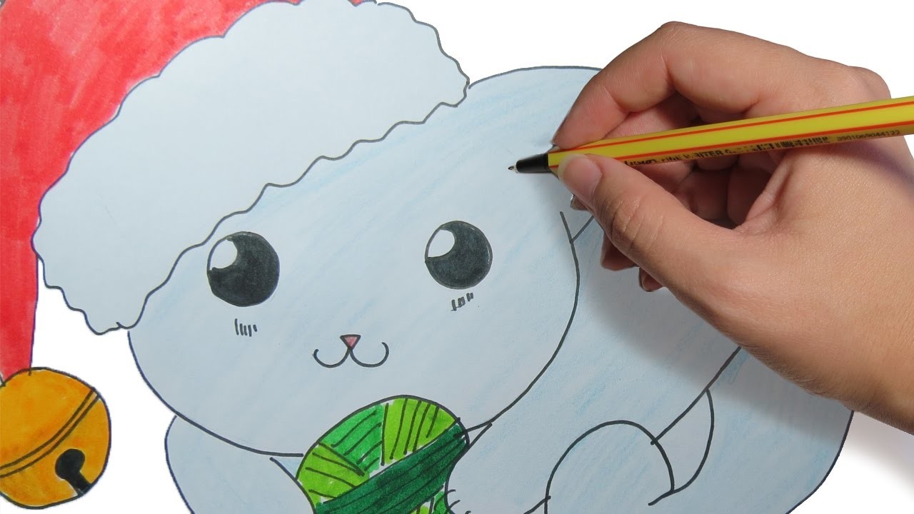COMO DIBUJAR UN GATITO DE NAVIDAD KAWAII FACIL: Dibujos de Navidad paso a paso para niños