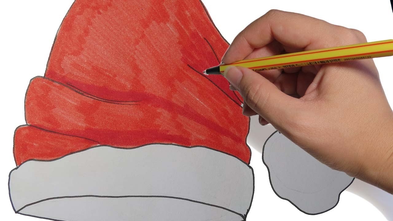 COMO DIBUJAR UN GORRO DE NAVIDAD PASO A PASO FACIL: a lapiz y color