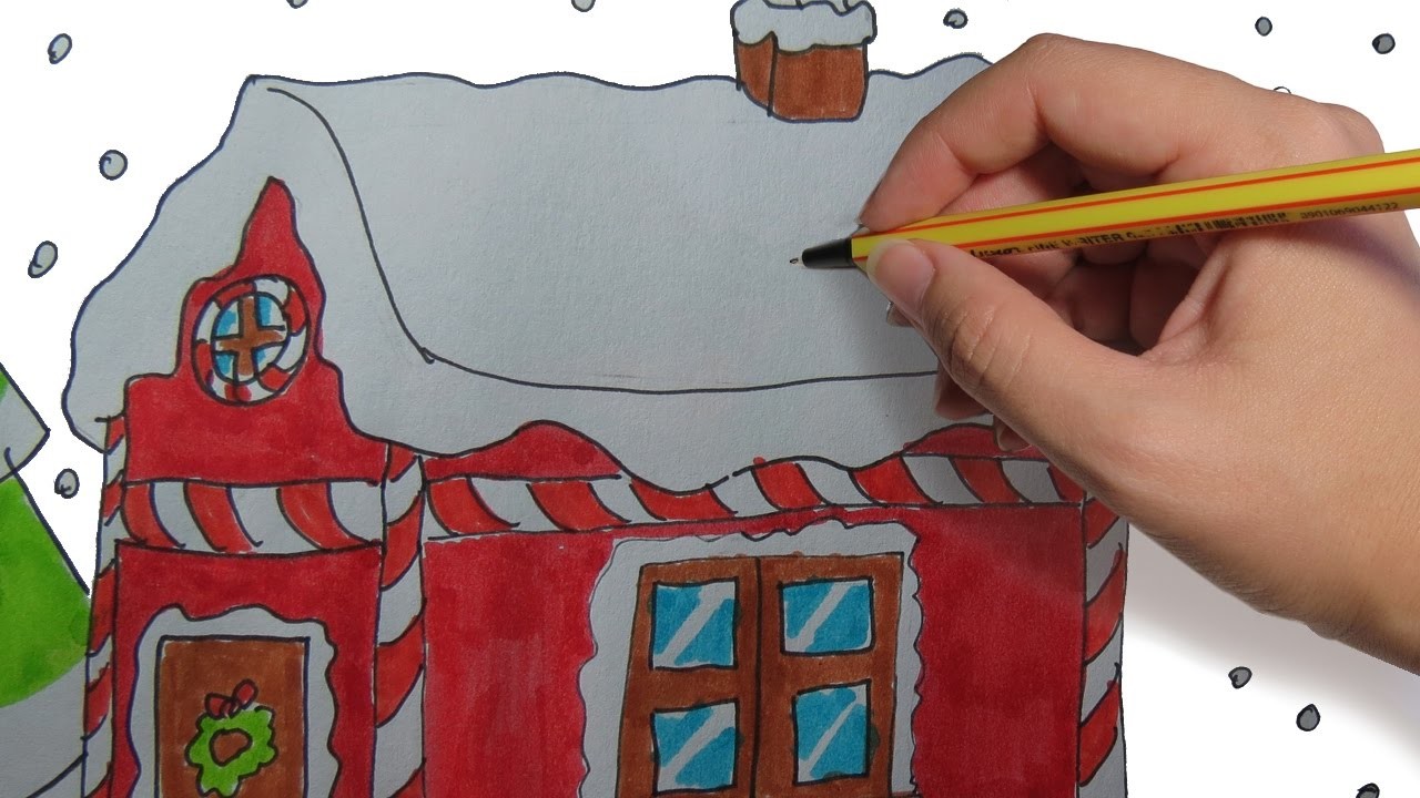 COMO DIBUJAR UNA CASA DE NAVIDAD PASO A PASO FACIL: Dibujos de Navidad para niños a color