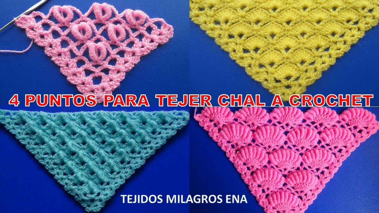 4 puntos para chales o shawl a crochet paso a paso en V, punta o triangular con abanicos y rococo