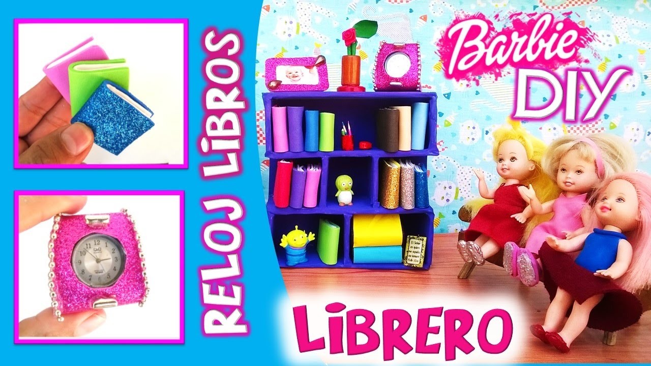 Como hacer LIBRERO, LIBROS, RELOJ y PORTAFOTOS para muñecas BARBIE |Manualidades