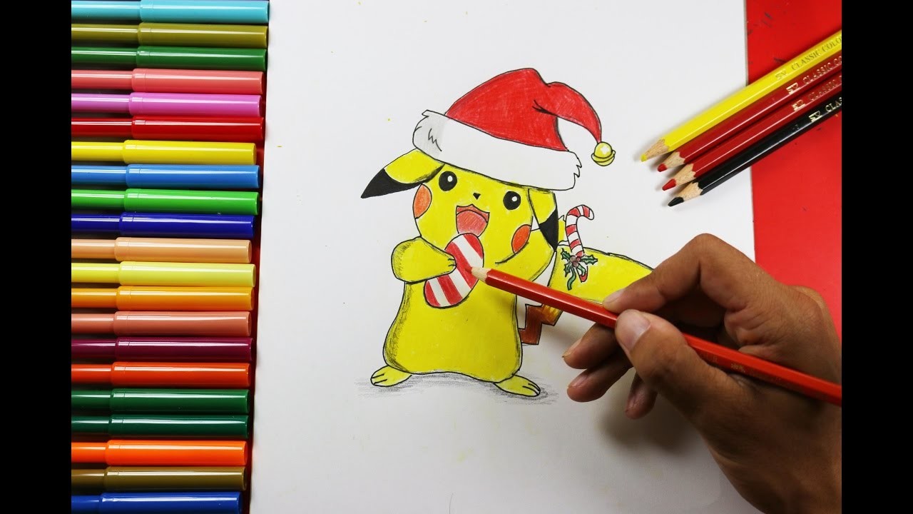 How to Draw Pikachu with A Christmas Hat - Cómo dibujar Pikachu con un sombrero de Navidad