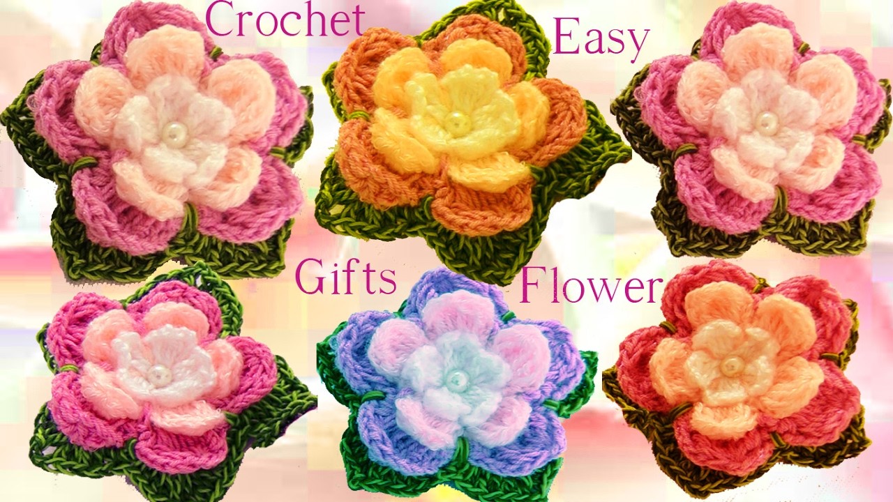 Como tejer flores de 5 pétalos triples con hojas a crochet  How to Crochet a flower