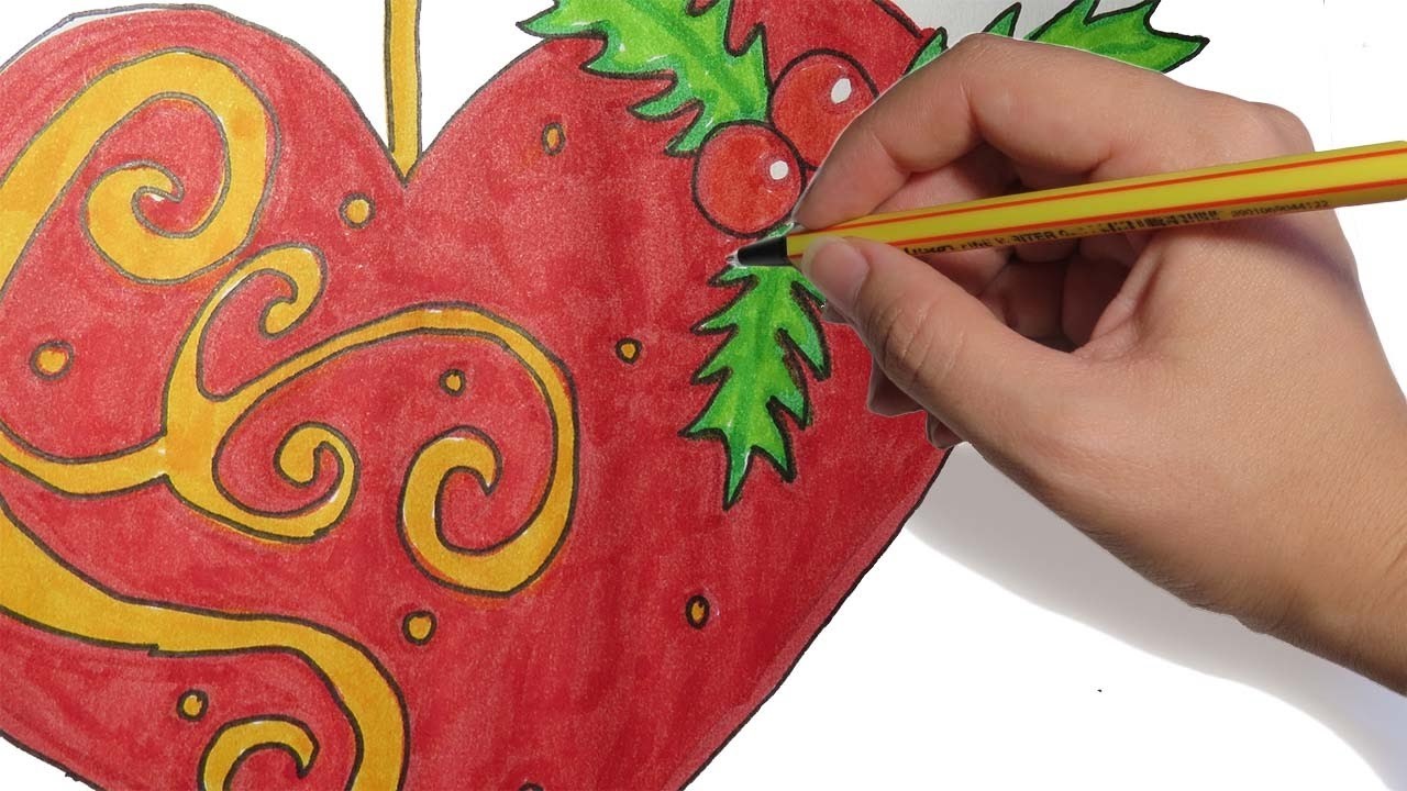 COMO DIBUJAR UN CORAZON NAVIDEÑO FACIL PASO A PASO: hermoso a color