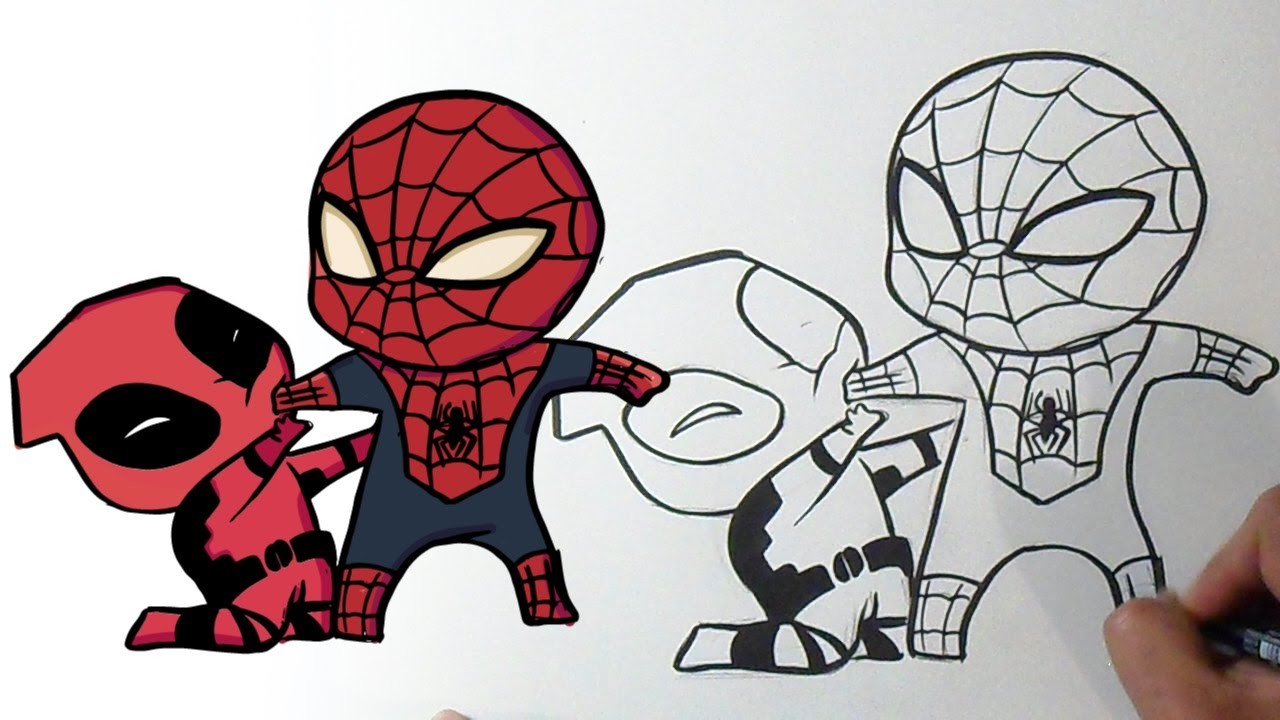 Cómo dibujar a DeadPool vs Spiderman Kawaii