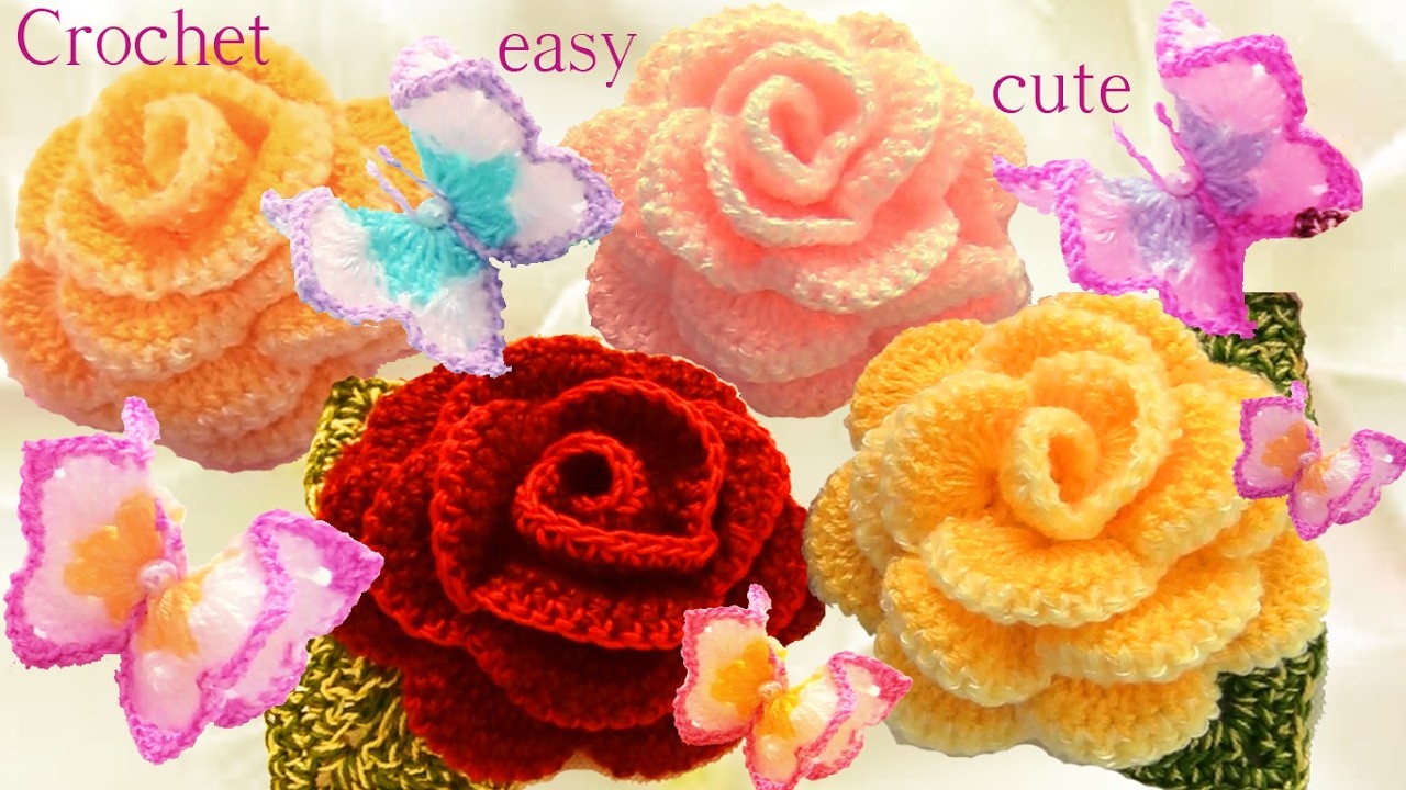 Aprende como tejer a Crochet Mariposas flores rosas 3D en una tira con hojas