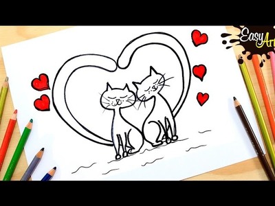 DIBUJOS│Como hacer una tarjeta de amor │Gatos enamorados 2│ how to draw a love card